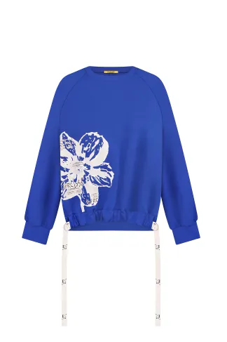 Electric-colored viscose loose-fit sweater with flower print and decorative ties Gummi