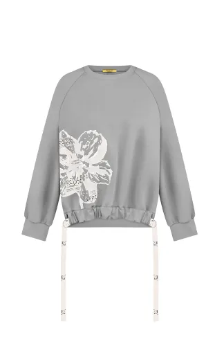 Loose-fitting cotton gray sweater with flower print and decorative ties Gummi