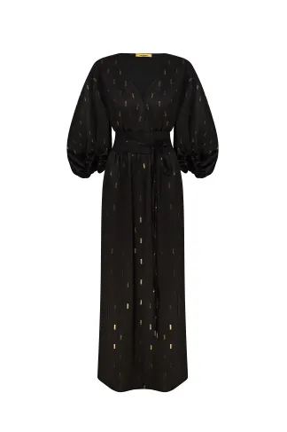 Вечірня довга сукня під пояс  з пишним рукавом в чорному кольорі Елена