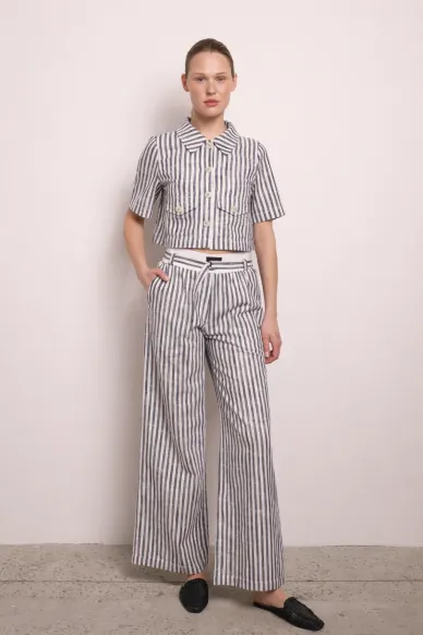 Льняные штаны свободного кроя на резинке Стефи - фото