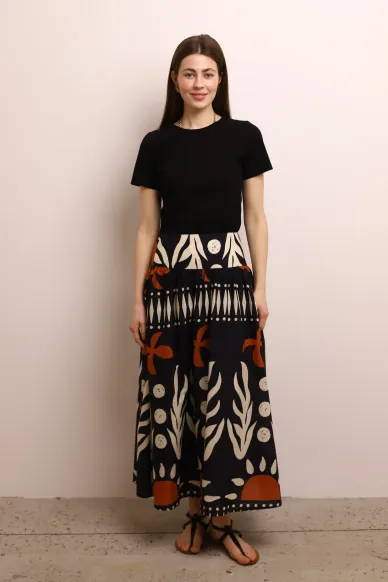 Бавовняна спідниця сонце-кльош з широким поясом та яскравим принтом в стилі сафарі Малібу - фото