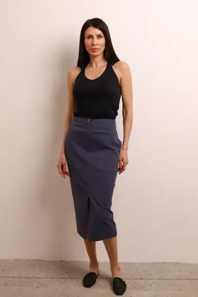 Бавовняна пряма спідниця з накладними кишенями в синьому кольорі Берта - фото