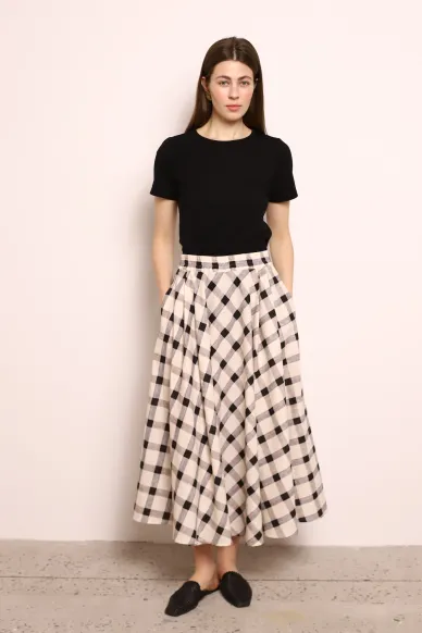 Heather Checkered Milk Black Cotton and Linen Flare Skirt - photo