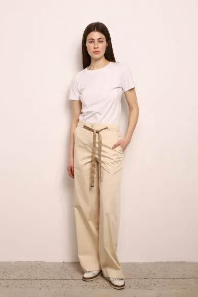 Широкие хлопчатобумажные брюки на резинке песочного цвета Караваджо. - фото