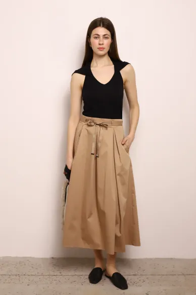 Бавовняна бежева спідниця сонце-кльош з завязкою на поясі Фландрія - фото