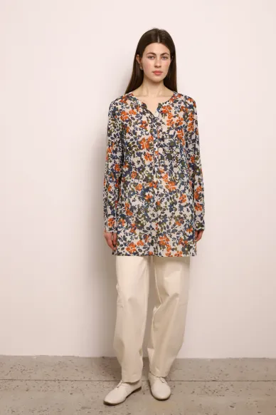 Milk-blue printed cotton long-sleeved blouse Nikola - photo