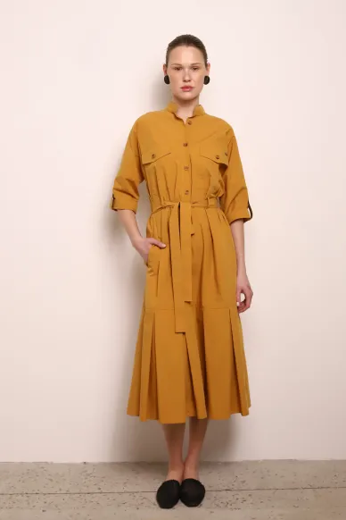 Mirabelle Mustard Cotton Safari Dress - photo