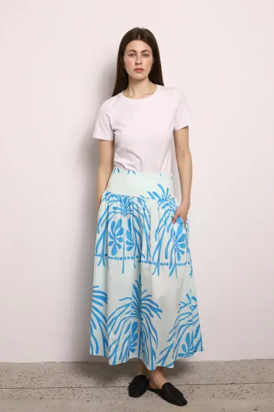 Бавовняна блакитно-бірюзова спідниця сонце-кльош з широким поясом Малібу - фото