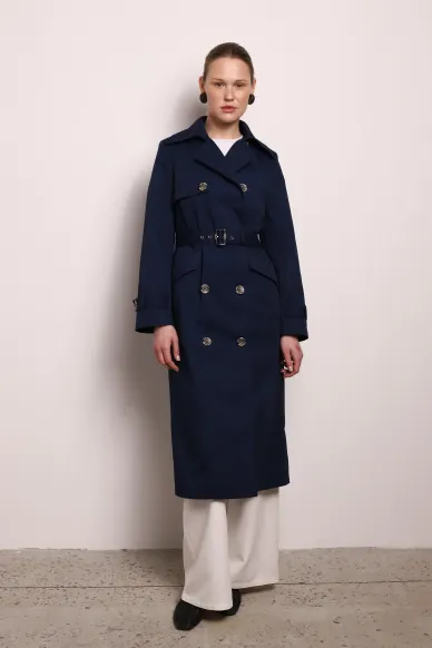 Бавовняний довгий синій тренч під пояс Брітанія - фото