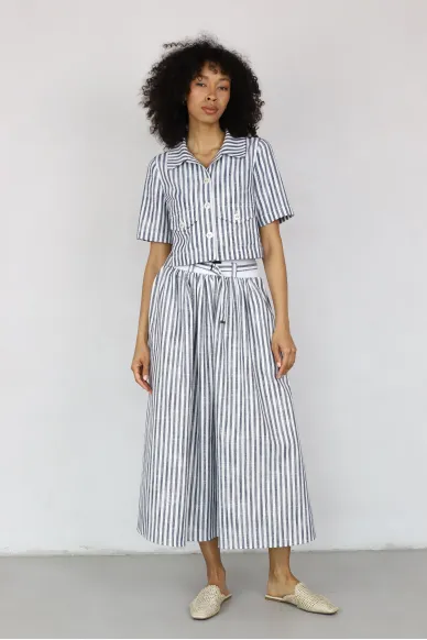 Лляна спідниця у смужку на еластичному поясі Стефанія - фото