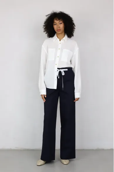 Широкие брюки на резинке темно-синего цвета Флавия - фото