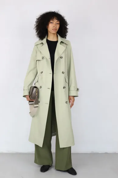 Long Double-Breasted Trench Coat in Sage Green  - photo