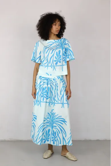 Бавовняна блакитно-бірюзова спідниця сонце-кльош з широким поясом Малібу - фото