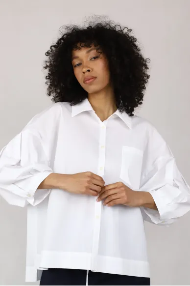 Blue cotton cropped shirt with puffy textured sleeve Lin - photo