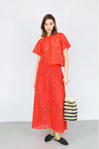 Coral Lace Flare Skirt Lime - photo