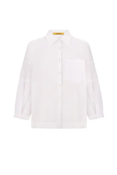Blue cotton cropped shirt with puffy textured sleeve Lin - photo