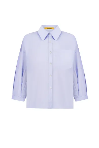 Blue cotton cropped shirt with puffy textured sleeve Lin - photo