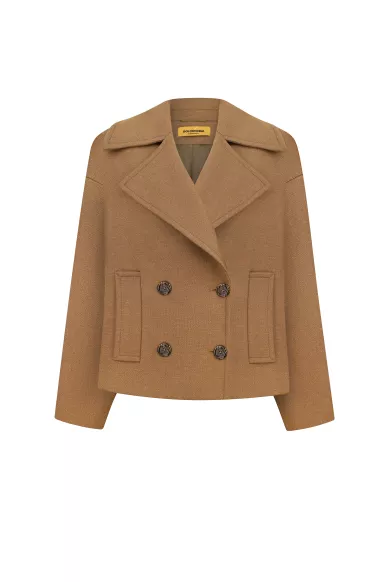 Шерстяное укороченное пальто прямого покроя в бежевом цвете Кени - фото