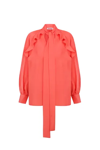 Coral blouse with ruffles and bow Alcala