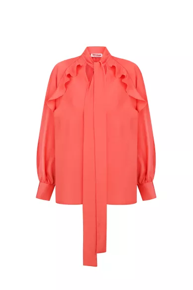 Коралова блуза з воланами та бантом Алькала - фото