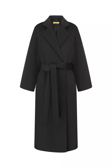 Длинное халатное пальто из шерсти в черном цвете Аликанте - фото