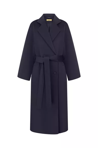 Шерстяное пальто халатного покроя под пояс меди длины в темно-синем цвете Аликанте - фото