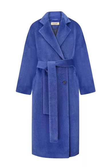 Длинное халатное пальто из шерсти альпаки в цвете электрик Аликанте - фото