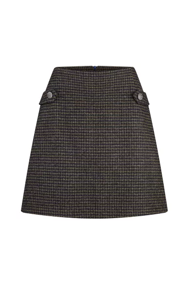 Christy green and black pied de poule woolen short skirt with zipper - photo