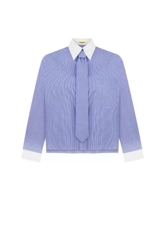Classic cropped cotton shirt with tie in white and blue stripes by Kerley