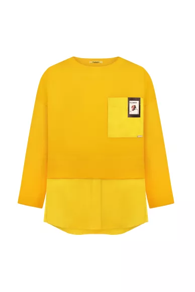 Вискозная горчичная кофта свободного кроя с принтованным накладным карманом Кейхин - фото