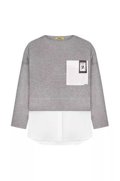 Вискозная серая кофта свободного кроя с принтованным накладным карманом Кейхин - фото