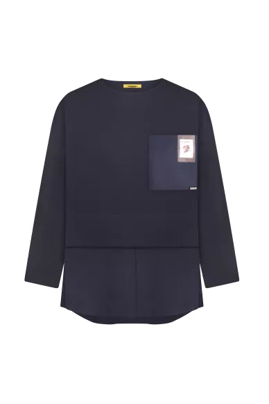 Вискозная темно-синяя кофта свободного кроя с принтованным накладным карманом Кейхин - фото