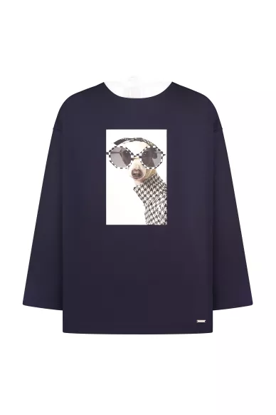 Темно-синяя кофта свободного кроя с завязками на спине и принтом собаки Колман - фото