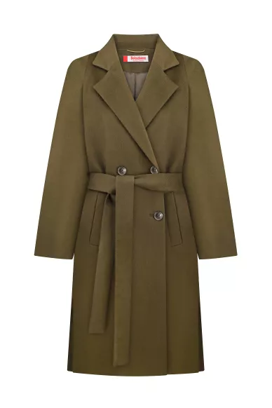 Шерстяное пальто халатного покроя под пояс миди длины в цвете хаки Аликанте - фото