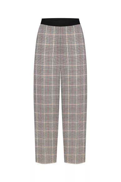 Шерстяные укороченные брюки на резинке серого цвета в молочно-черную клеточку Киото - фото