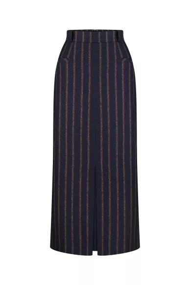 Straight-cut wool midi skirt with slit in navy blue with beige stripe Kerli - photo