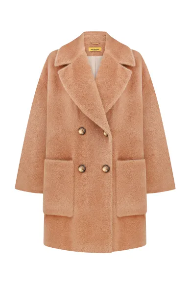 Бежеве пальто міді довжини з вовни альпаки та ягняти Меді - фото