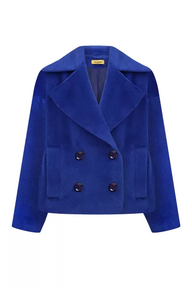 Укороченное пальто из шерсти альпаки и ягненка прямого покроя в цвете электрик Кени - фото