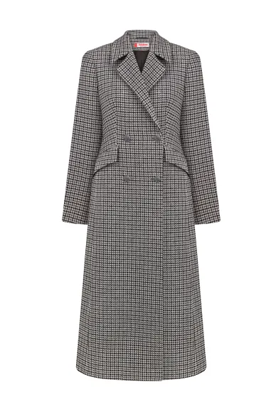 Вовняне довге пальто приталеного крою в чорно-сіру клітинку в британському стилі Альмерія - фото