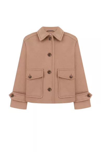 Шерстяное укороченное пальто с накладными карманами бежевого цвета Куинси - фото