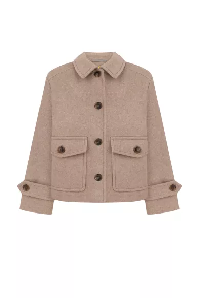 Шерстяное укороченное пальто с накладными карманами серо-бежевого цвета Куинси - фото