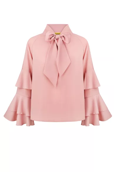 Блуза пудрового кольору з бантом та рюшами на рукавах Зендая - фото