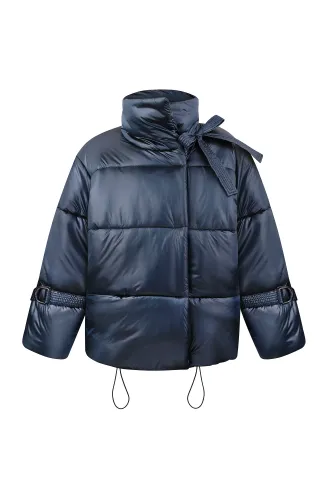 Short winter jacket with a bow on a high collar in metallic color Elroys