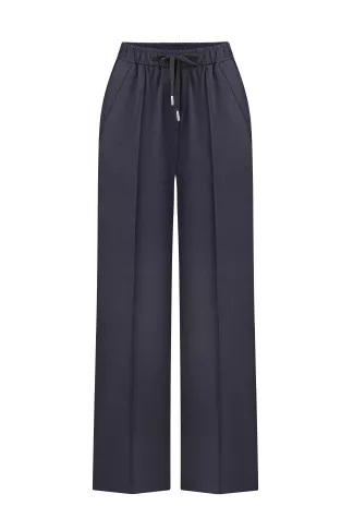 Gretta navy viscose straight-leg trousers with elastic waistband in sporty style