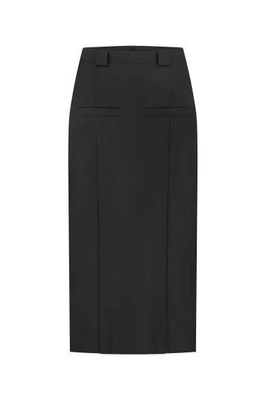 Вовняна чорна спідниця прямого покрою в довжині міді Алькала - фото