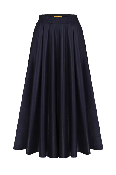 Heather navy blue midi-length flared skirt with elastic in taffeta - photo
