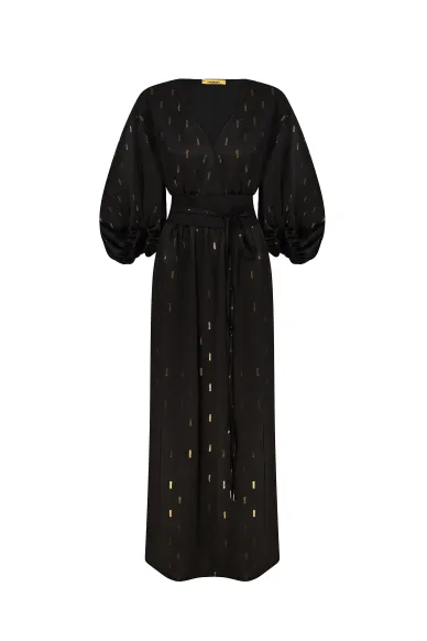 Вечірня довга сукня під пояс  з пишним рукавом в чорному кольорі Елена - фото