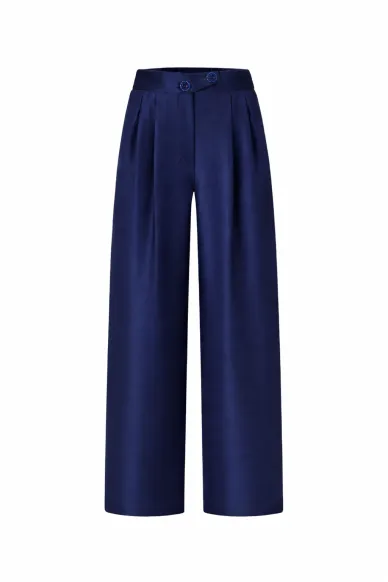 Глянцеві креп-атласні брюки палаццо темно-синього кольору Калістра - фото