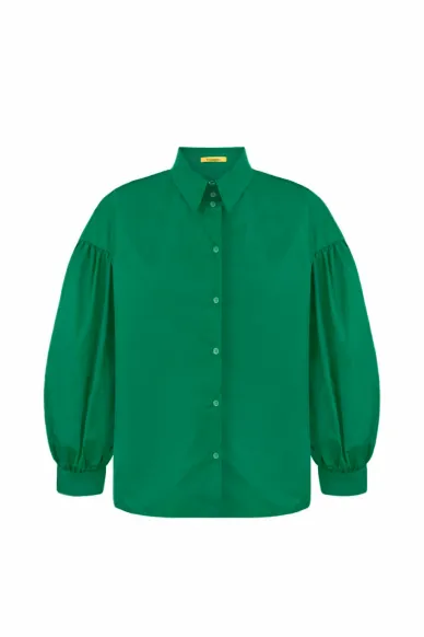 Green silk-taffeta blend party shirt with puffed sleeves by Tokayo - photo