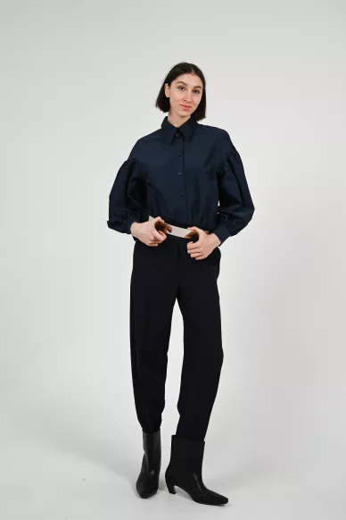 Dark blue festive shirt with textured sleeves and decorative Tokayo button - photo